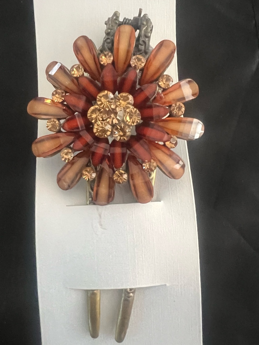 Gold-Tone Brown Floral Crystal Hair Clip